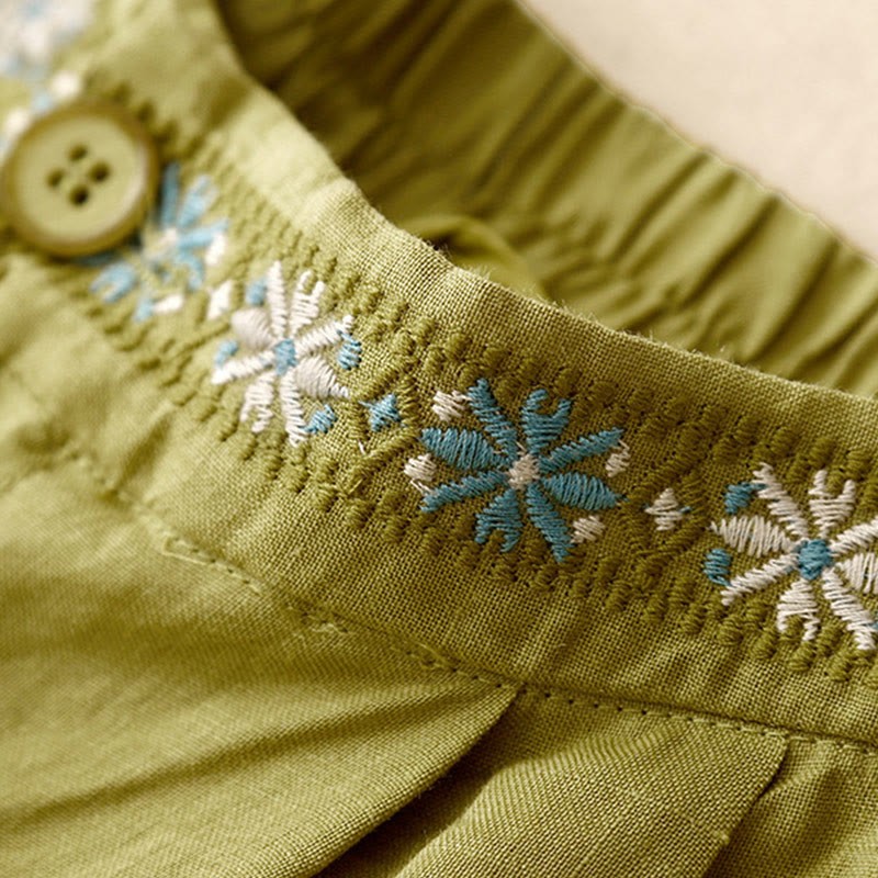 Summer Casual Embroidery Flower Pleated Zipper Button Cotton Linen Women's Shorts With Pockets