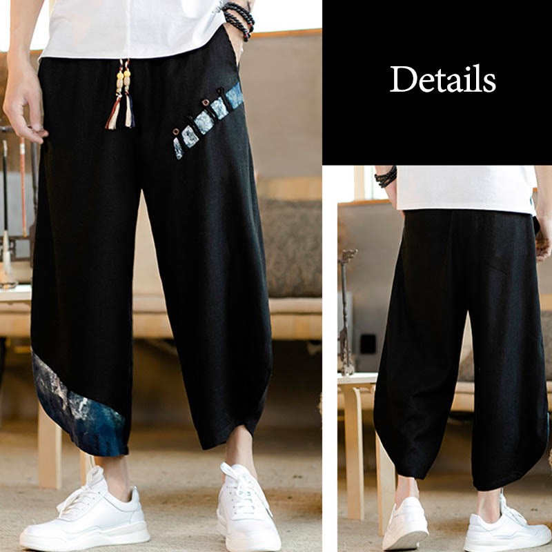 Patchwork Design Drawstring Cotton Men's Cropped Pants With Pockets