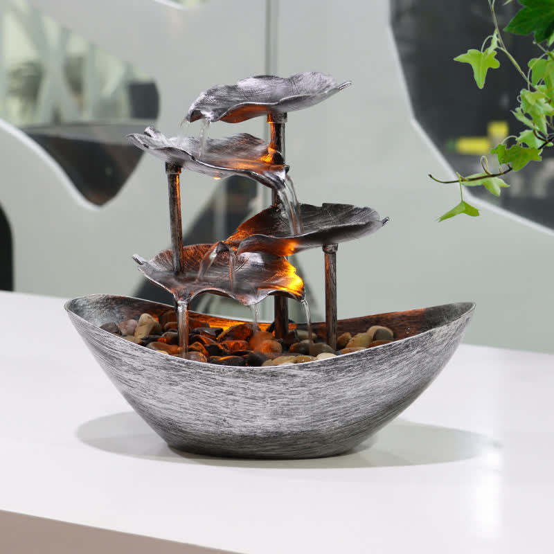 Lotus Leaf Shaped Waterfall Fountain Tabletop Ornaments With LED Light Home Office Desktop Decoration