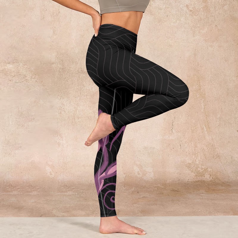 Black Pink Lotus Flower Print Gym Leggings Women's Yoga Pants