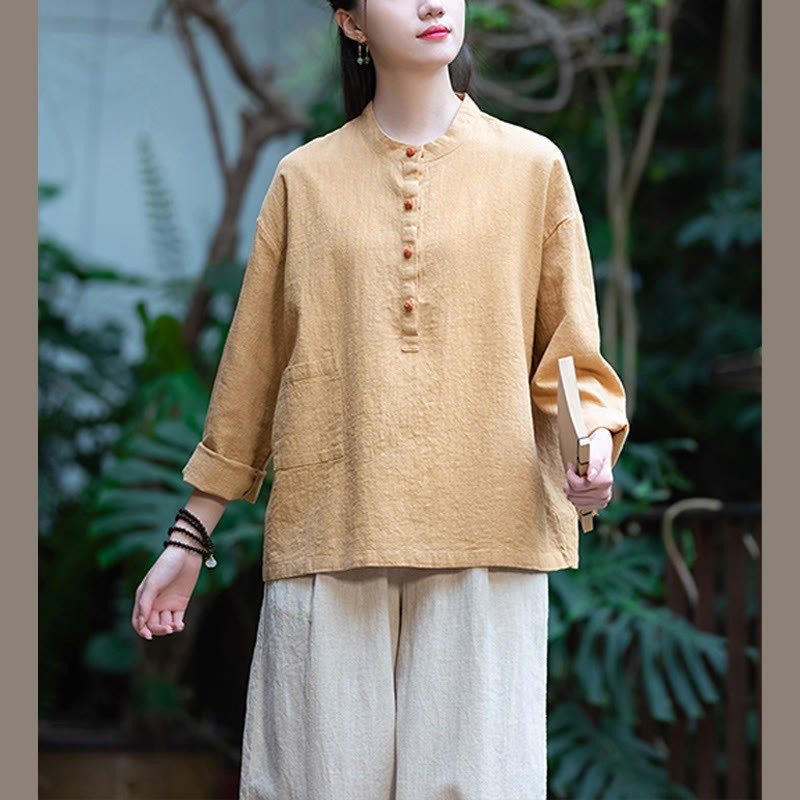 Solid Color Loose Button Blouse Long Sleeve Shirt Top