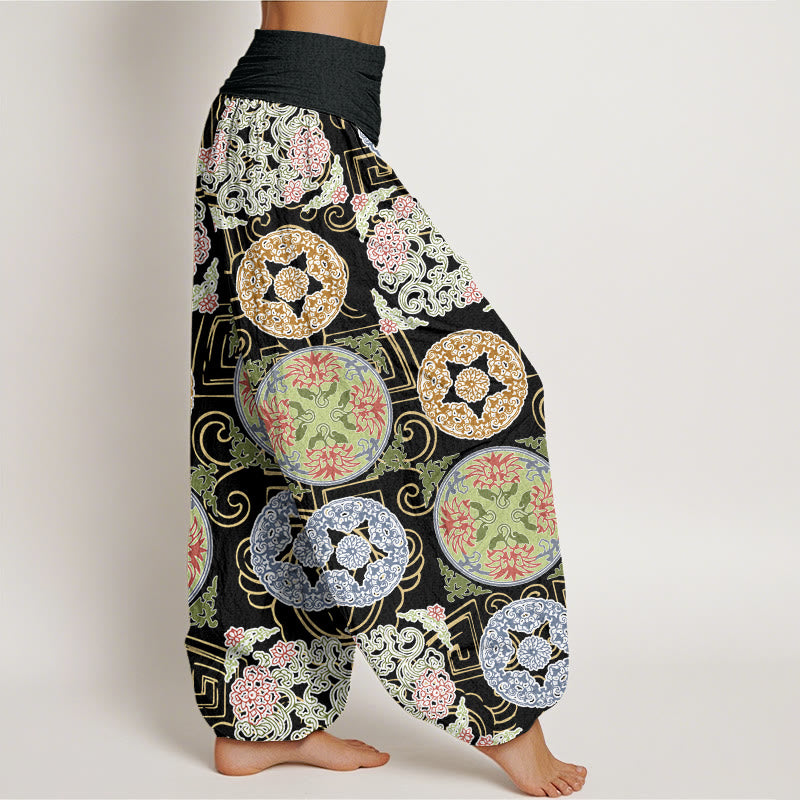 Round Shapes Chinese Floral Pattern Design Women's Elastic Waist Harem Pants
