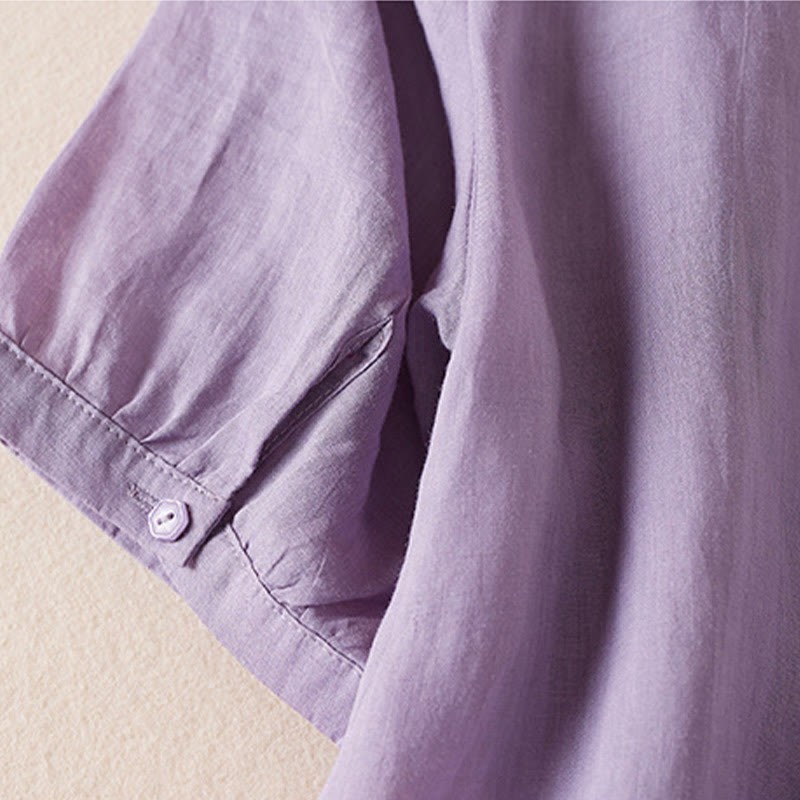 Casual Embroidery Plants Women's V-Neck Design Half Sleeve Cotton Blended Shirt
