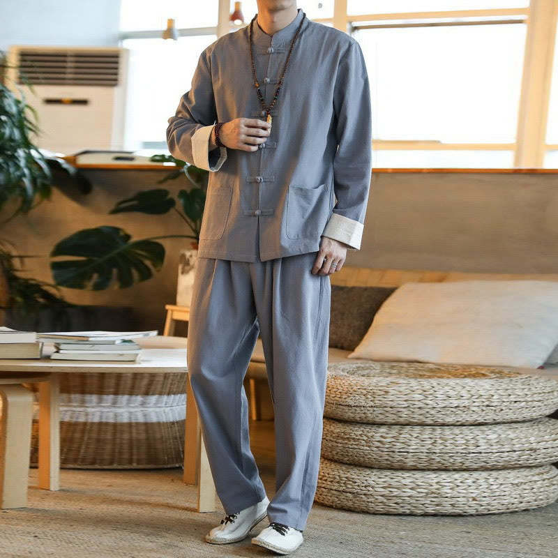 2Pcs Zen Tang Suit Men's Frog-Button Long Sleeve Shirt Pants Set With Pockets