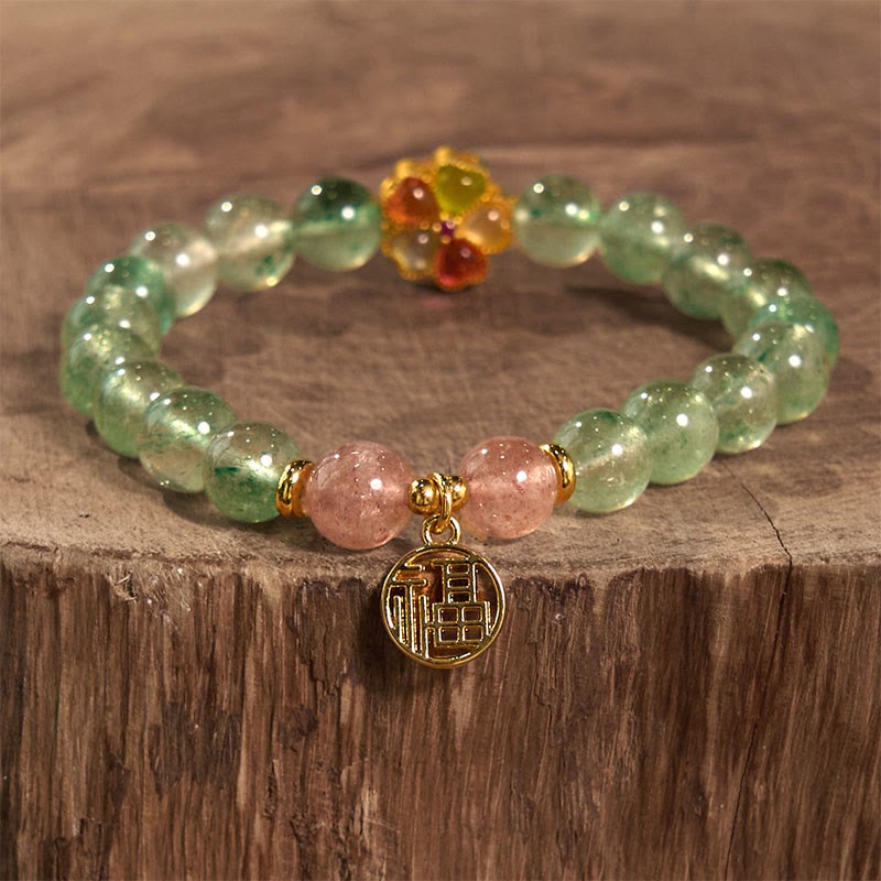 Natural Green Strawberry Quartz Soothing Fu Character Bracelet