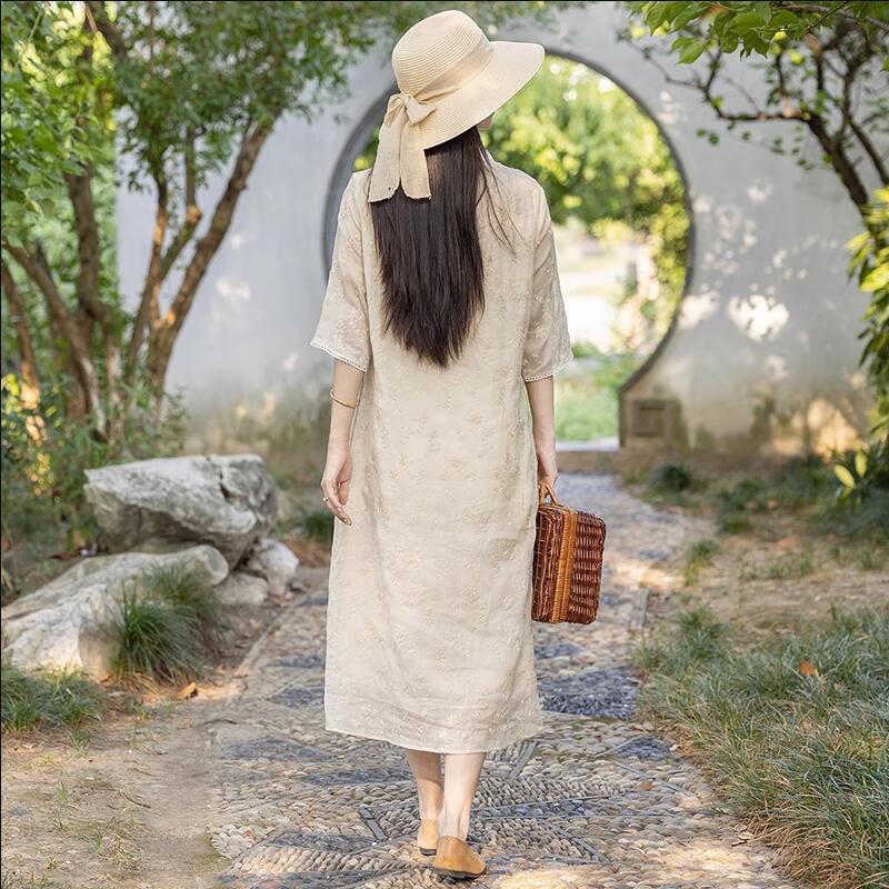 Casual Embroidered Slant Collar Stand Collar Half Sleeve Design Ramie Midi Dress With Pockets