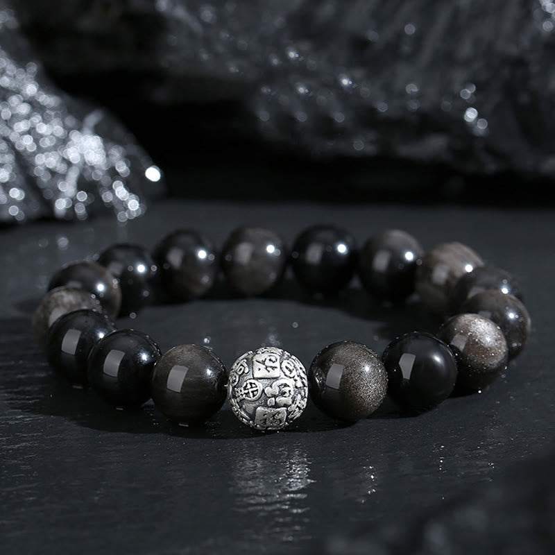 Black Obsidian 999 Sterling Silver Purification Fu Character Transformation Bracelet