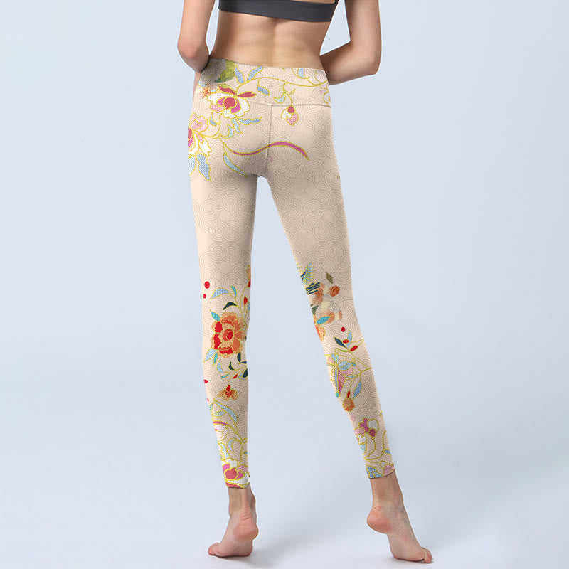 Apricot Butterfly Peony Flowers Leaves Print Gym Leggings Women's Yoga Pants