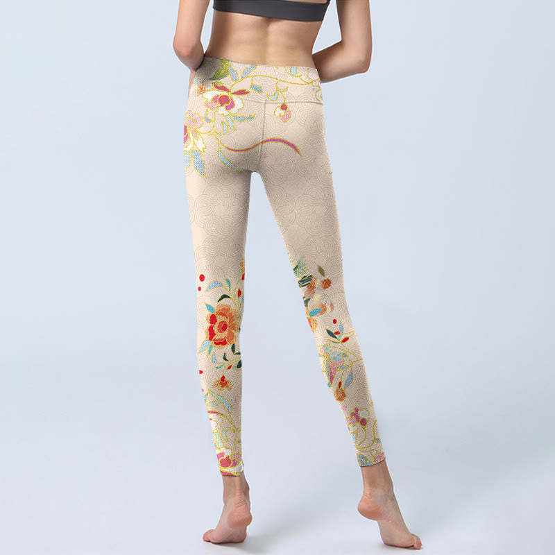 Apricot Butterfly Peony Flowers Leaves Print Gym Leggings Women's Yoga Pants