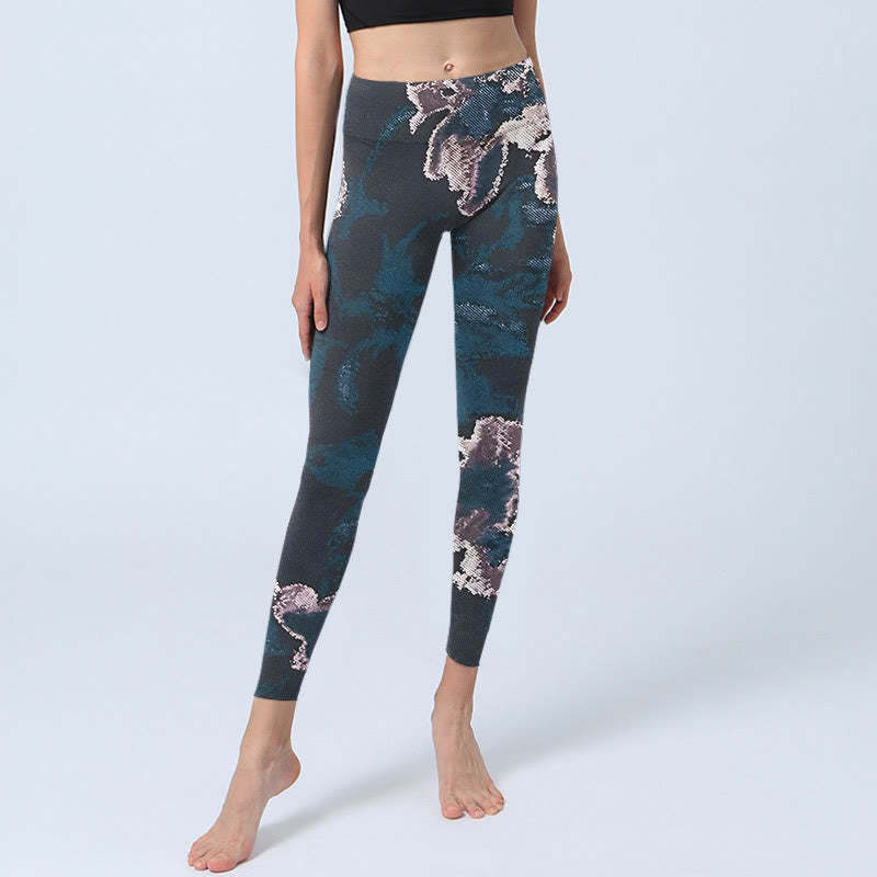 SteelBlue Silver Flowers Print Exercise Leggings Women's Yoga Pants