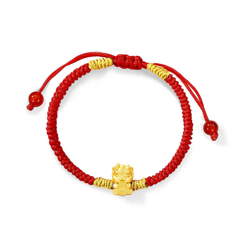 999 Sterling Silver Year of the Dragon Copper Coin Fortune Dragon Fu Character Luck Handcrafted Red String Braided Bracelet