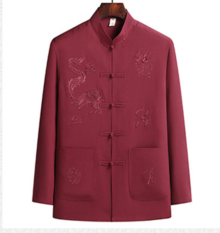 Chinese New Year Embroidered Dragon Frog-button Tang Suit Hanfu Long Sleeve Top Pants Clothing Men's Set