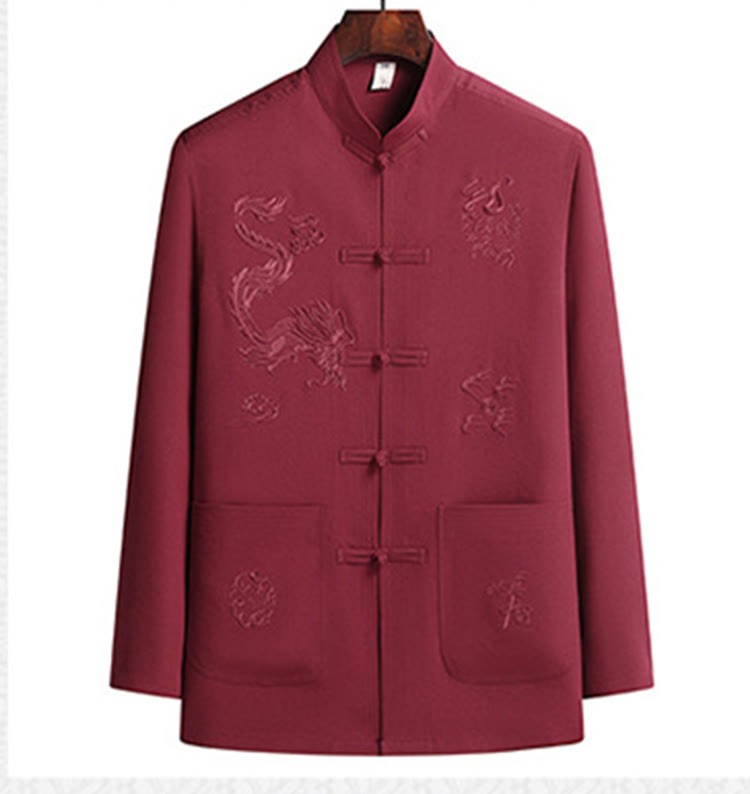 Chinese New Year Embroidered Dragon Frog-button Tang Suit Hanfu Long Sleeve Top Pants Clothing Men's Set