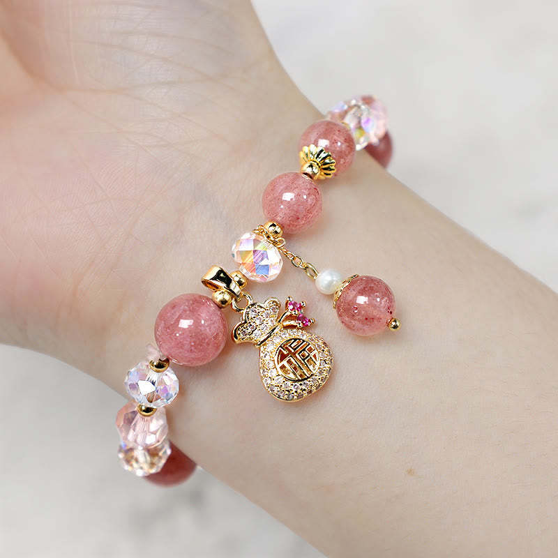 Love Healing Natural Strawberry Quartz Crystal Money Bag Charm Positive Bracelet