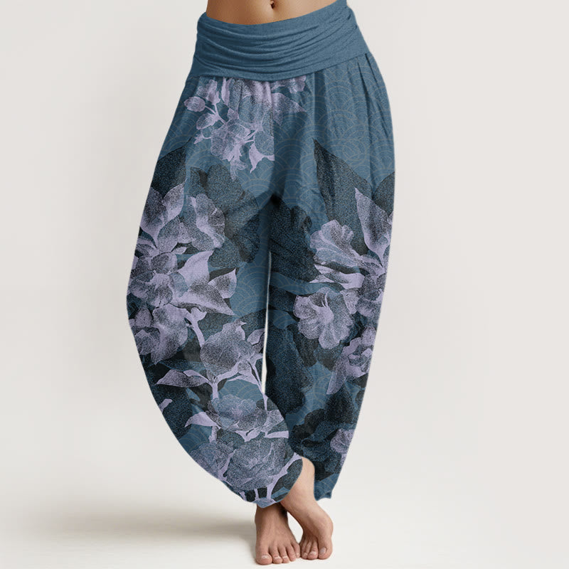 White Flowers Pattern Women's Elastic Waist Harem Pants