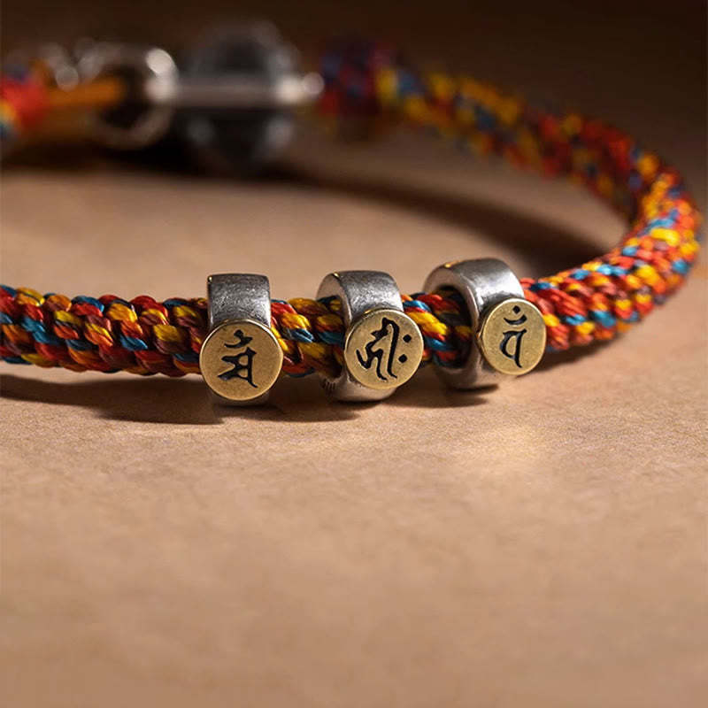 Handmade Tibetan 925 Sterling Silver Chinese Zodiac Natal mystic zen Zakiram Goddess of Wealth Protection Multicolored Rope Braided Bracelet