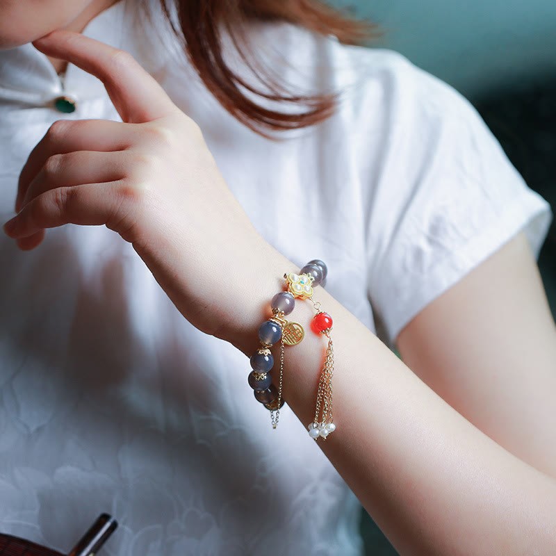 Natural Gray Agate Fu Character Pearl Tassel Balance Bracelet