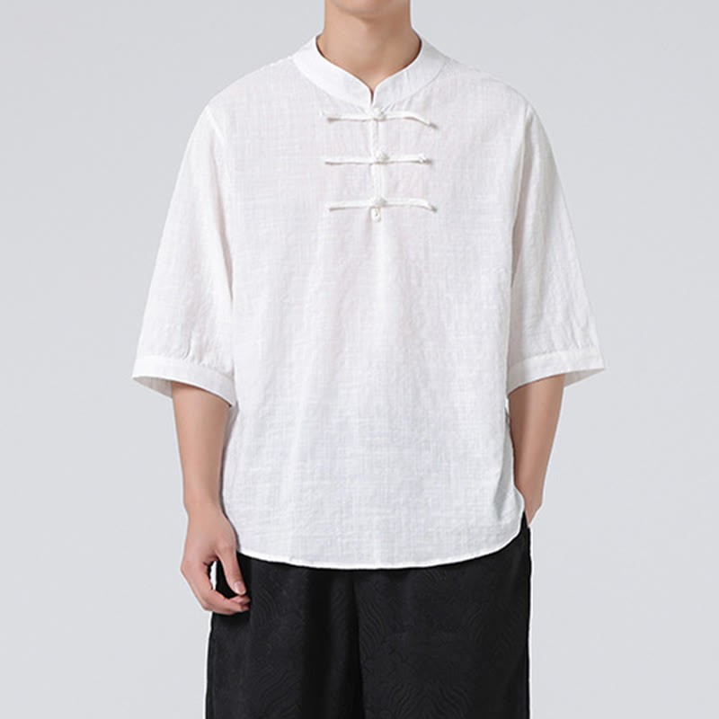 Frog-Button Plaid Pattern Chinese Tang Suit Half Sleeve Shirt Cotton Linen Men Clothing