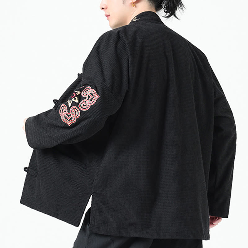 Men's Frog-button Tang Suit Symmetrical Embroidery Cotton Corduroy Jacket Shirt With Pockets