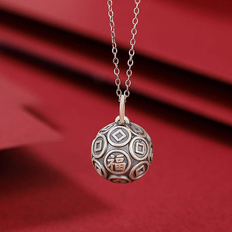 990 Sterling Silver Fu Character Copper Coin Luck Fortune Chain Necklace Pendant