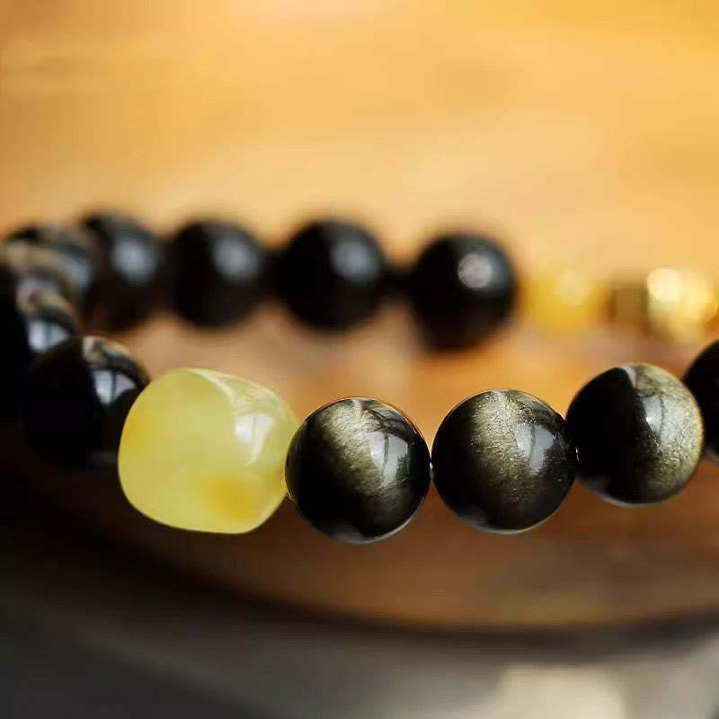 925 Sterling Silver Chinese Zodiac Natal mystic zen Natural Gold Sheen Obsidian Amber Wealth Protection Bracelet