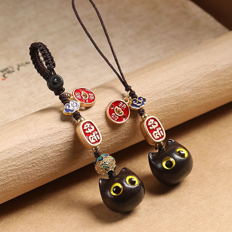 Ebony Wood Lucky Cat Auspicious Cloud Peace Key Chain Phone Hanging Decoration