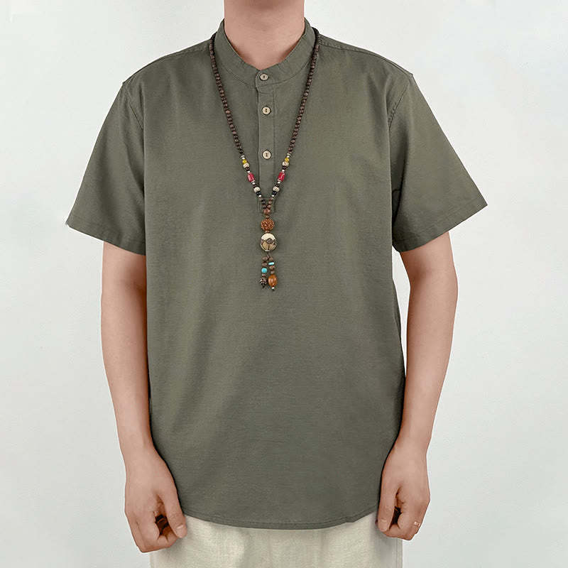 Solid Color Men Short Sleeve Button Linen Shirt