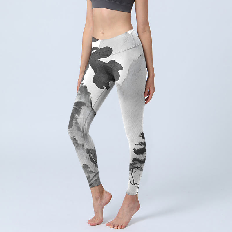 Ink Painting Trees Mountains Scenery Print Gym Leggings Women's Yoga Pants