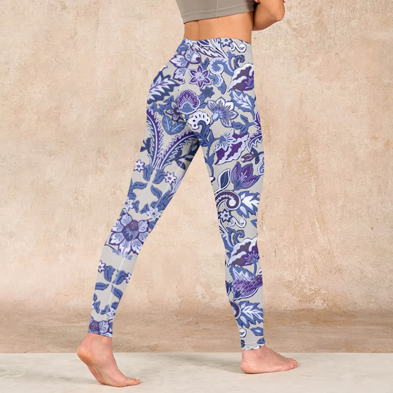 Purple Flower Leaves Print Gym Fitness Leggings Women's Yoga Pants