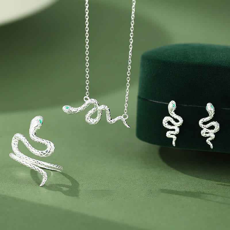 925 Sterling Silver Year of the Snake Calm Necklace Pendant Ring Earrings Set