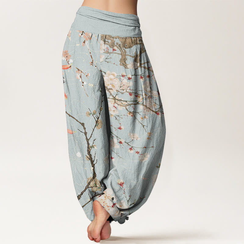 Casual White Plum Blossom Tree Trunk Women's Elastic Waist Harem Pants