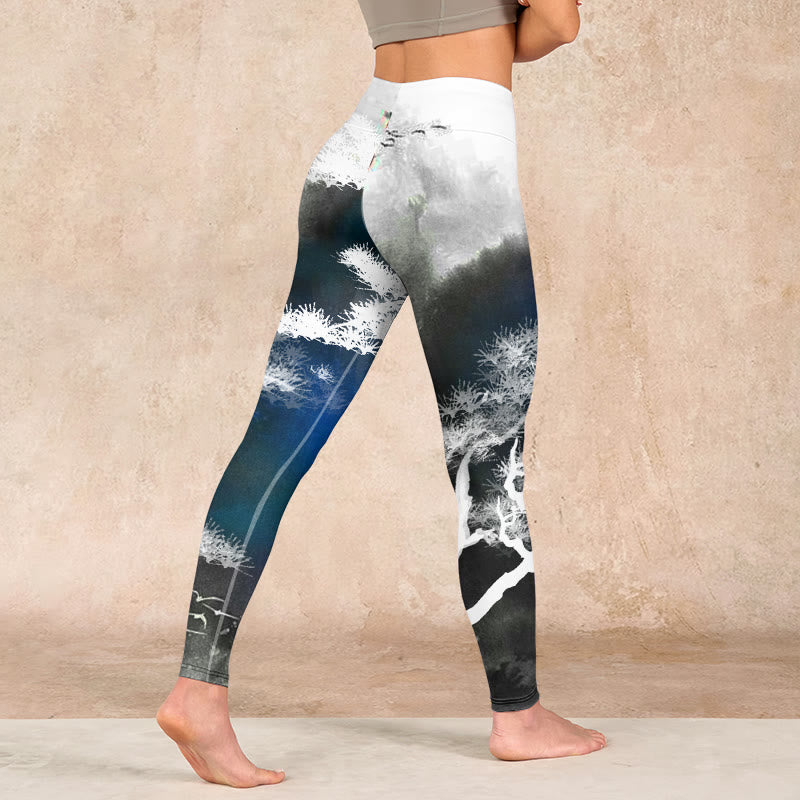Ink Painting Pine Tree Print Gym Leggings Women's Yoga Pants