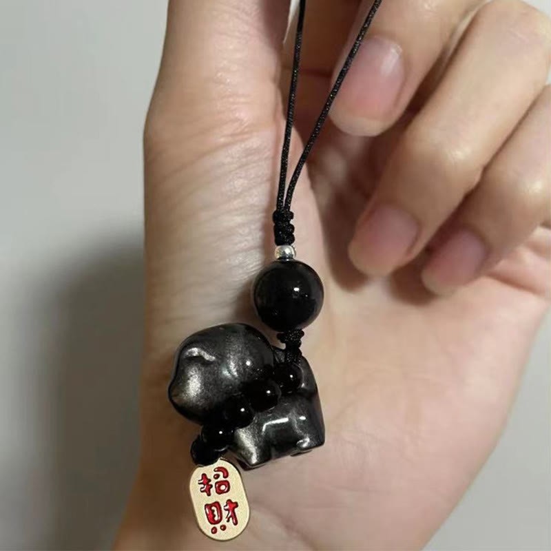 Silver Sheen Obsidian Black Obsidian Gold Sheen Obsidian Cute Cat Fu Character Protection Key Chain Phone Hanging Decoration