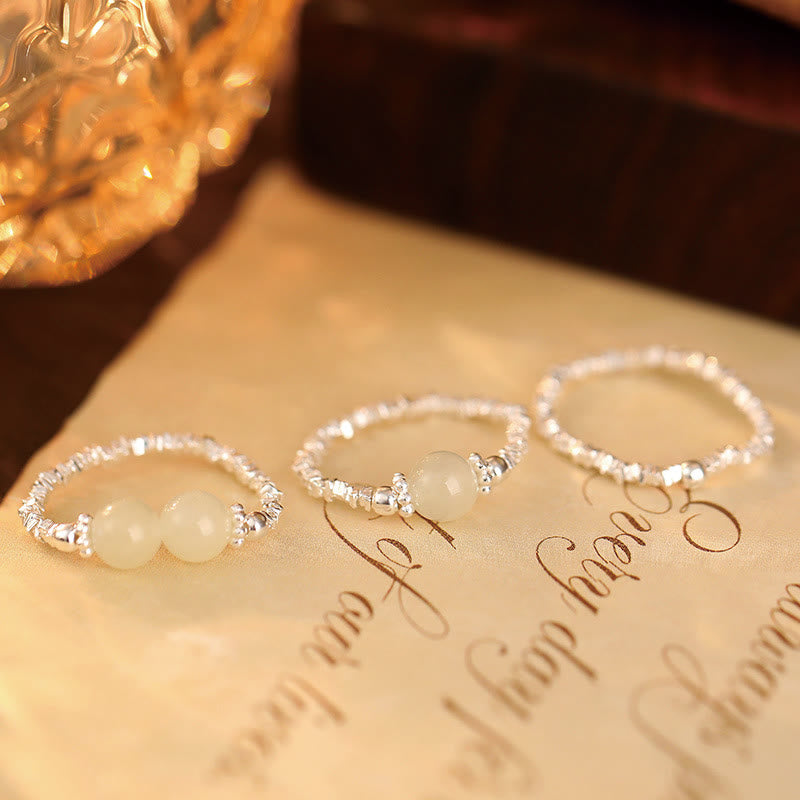925 Sterling Silver Natural Small Hetian Jade Bead Luck Elastic Ring