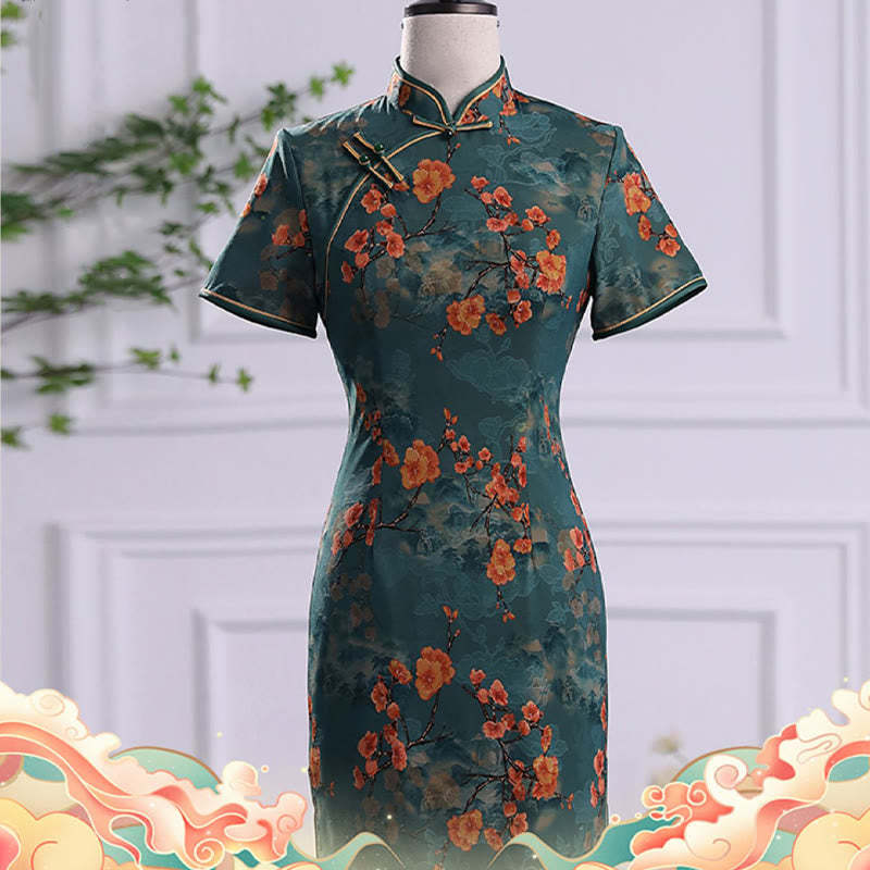 Retro Flower Lotus Peony Feather Print Qipao Dress Women's Cheongsam Dress