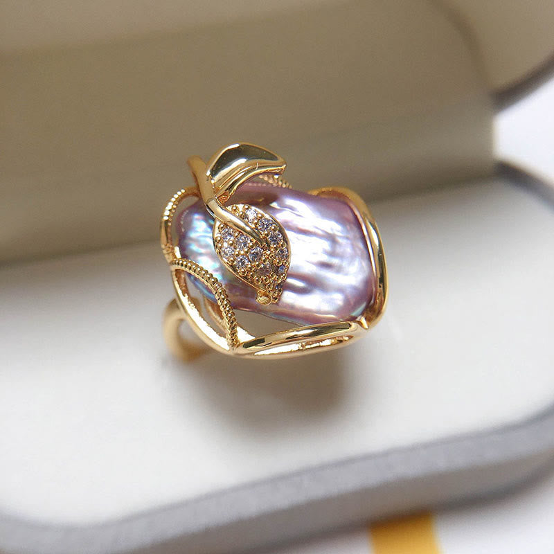 Pearl Copper Plated Gold Flower Happiness Wealth Ring