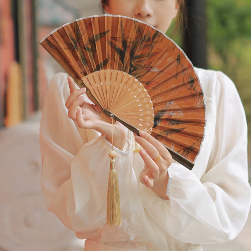 Flower Persimmon Bamboo Leaves Xiangyunsha Silk Handheld Bamboo Folding Fan