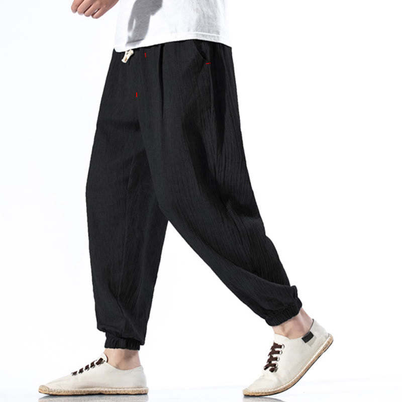 Casual Solid Color Drawstring Linen Men's Pants With Pockets