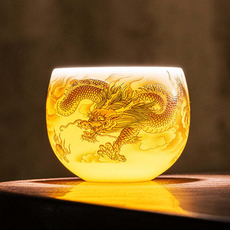 Dragon Phoenix Auspicious Clouds Ceramic Teacup Kung Fu Tea Cup With Gift Box