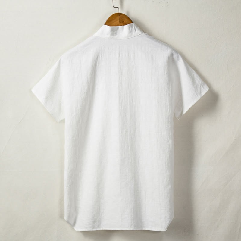 Men's Short Sleeve Shirt With Pocket V Neck Cardigan Comfort Cotton Linen Shirt