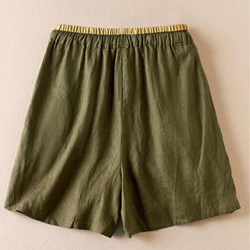 Wild Simple Design Embroidery Drawstring Cotton Linen Women's Shorts With Pockets