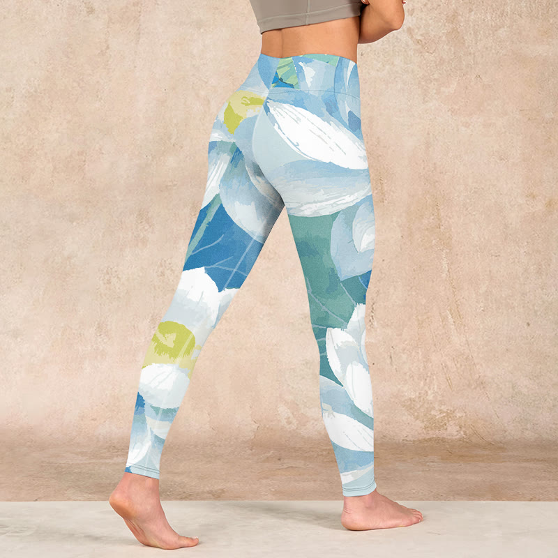 Blue White Lotus Print Gym Leggings Women's Yoga Pants
