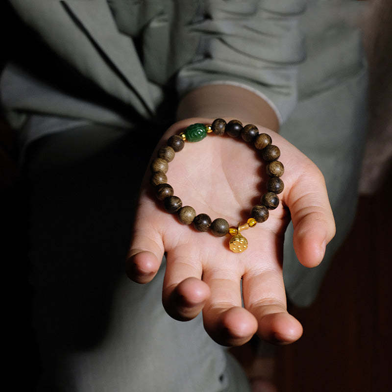 999 Gold Brunei Agarwood Cyan Jade Lotus Flower Peace Strength Bracelet