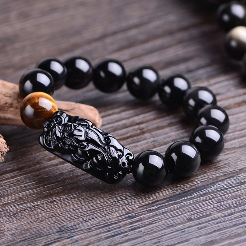 Natural Black Obsidian PiXiu Tiger's Eye Strength Bracelet