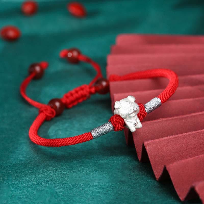 999 Sterling Silver Chinese Zodiac Luck Strength Red String Bracelet