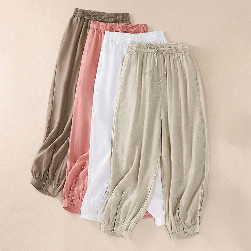 Pure Color Drawstring Frog-Button Cotton Linen Women's Harem Pants With Pockets