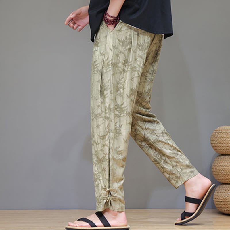 Bamboo Ankle Frog-button Drawstring Men's Pants With Pockets