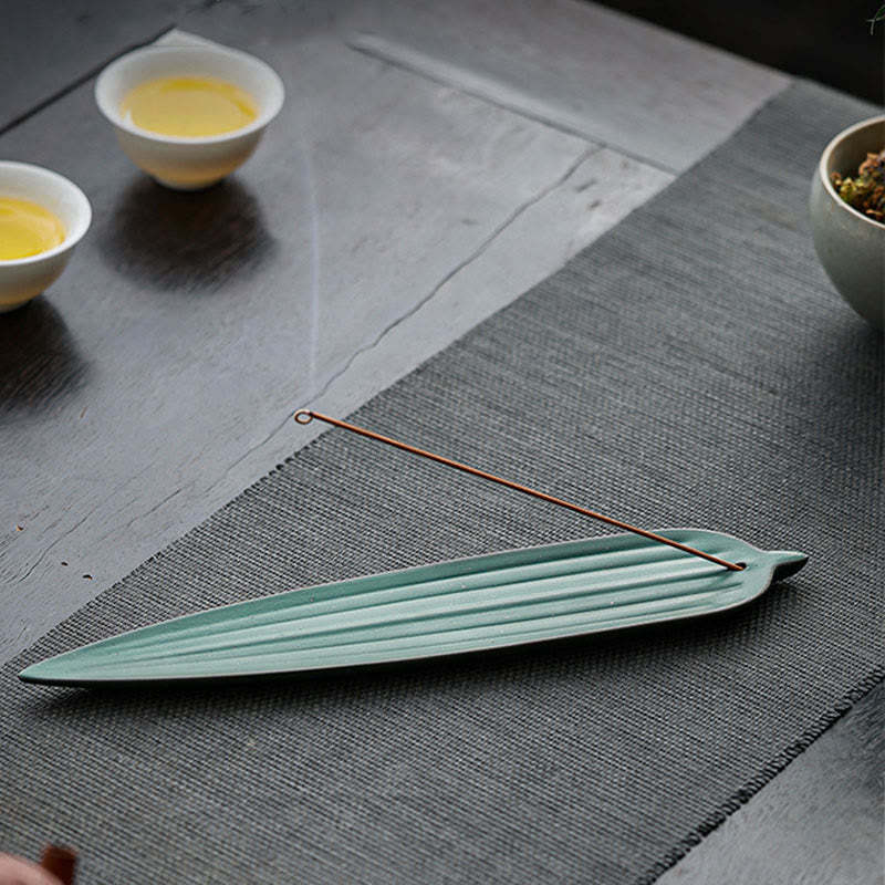 Green Bamboo Leaf Healing Ceramic Incense Burner Decoration