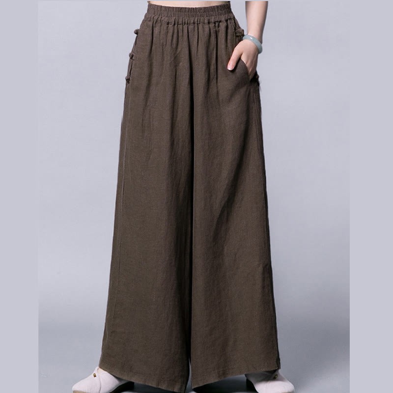 Casual Cotton Frog-Button High Waist Wide Leg Pants With Pockets