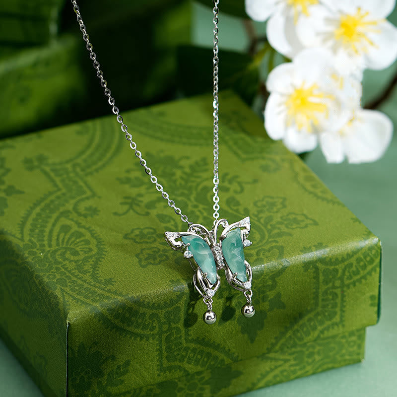 925 Sterling Silver Green Jade Butterfly Luck Necklace Pendant